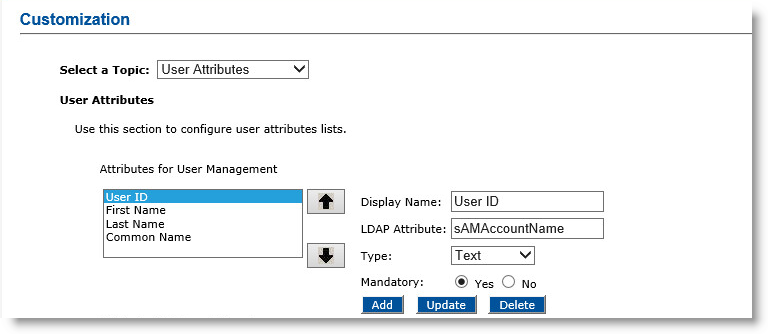Customization page of Configuration tab with User Attributes topic selected and various fields and options to set